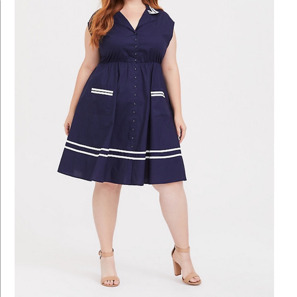 torrid Navy Blue Fit-and-Flare Dress with White Trim - Picture 2 of 5